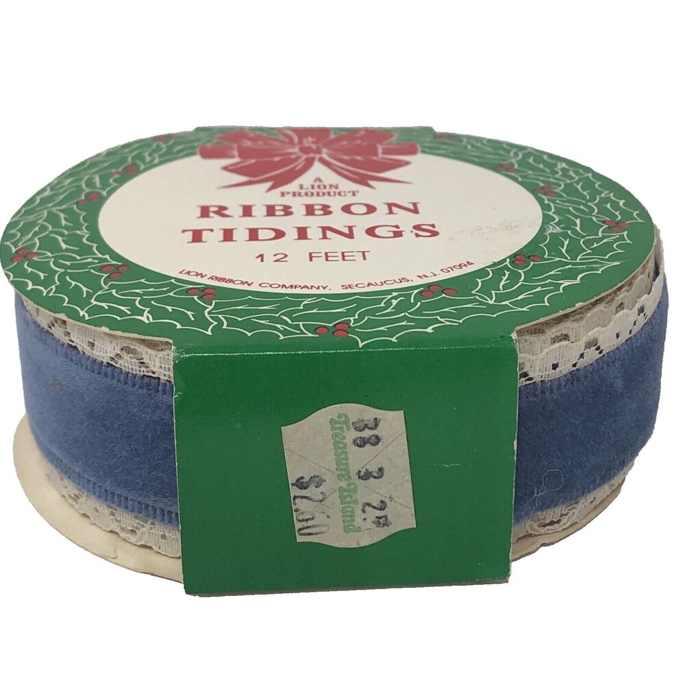 Blue Velvet w/Lace Edges Ribbon Tidings 1.375" Lion Ribbon Company 4 yd VTG NOS